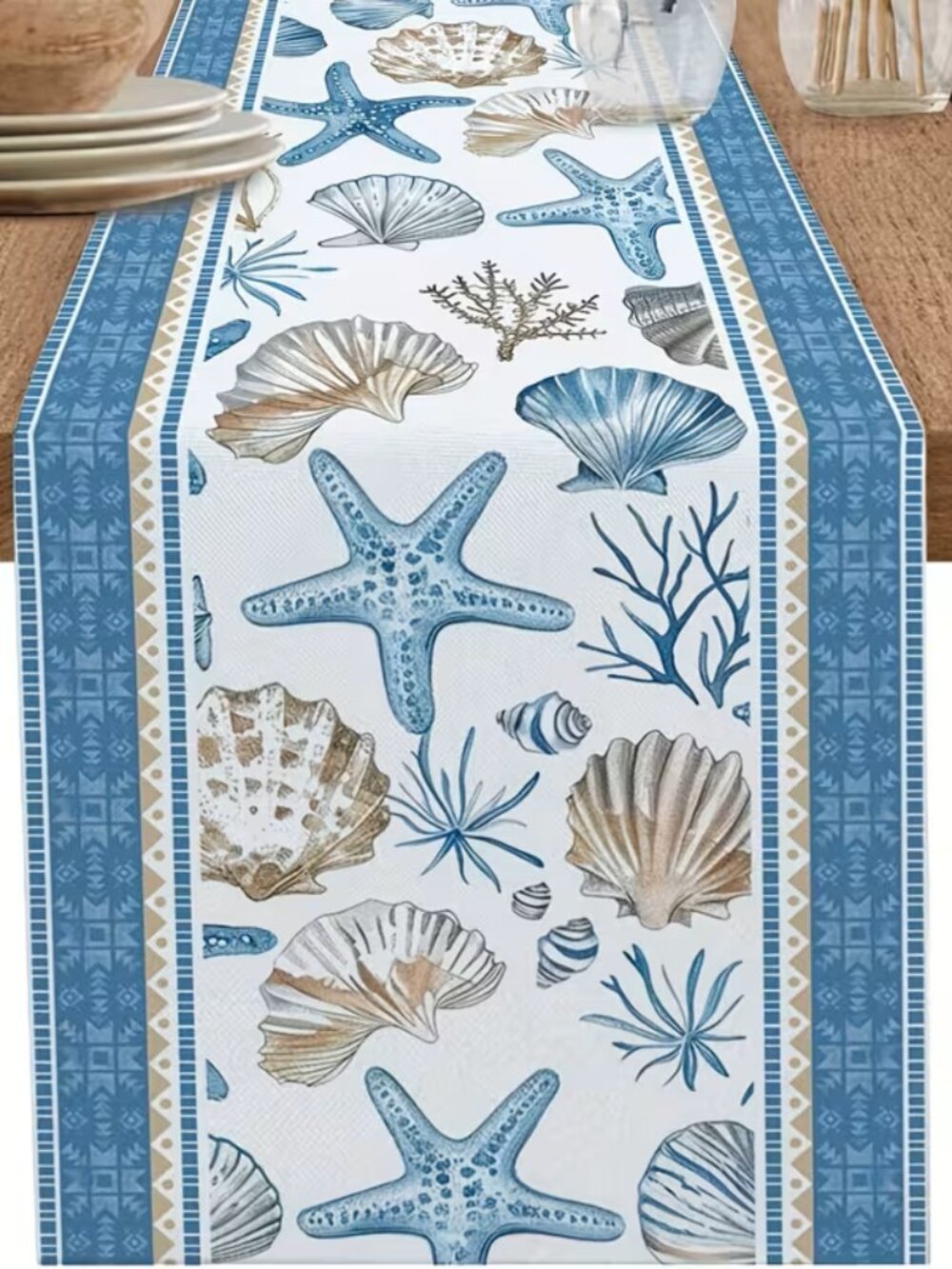 Coastal Decor Table Runner Ocean Inspired Geometric Stripes Design - Sea Shells